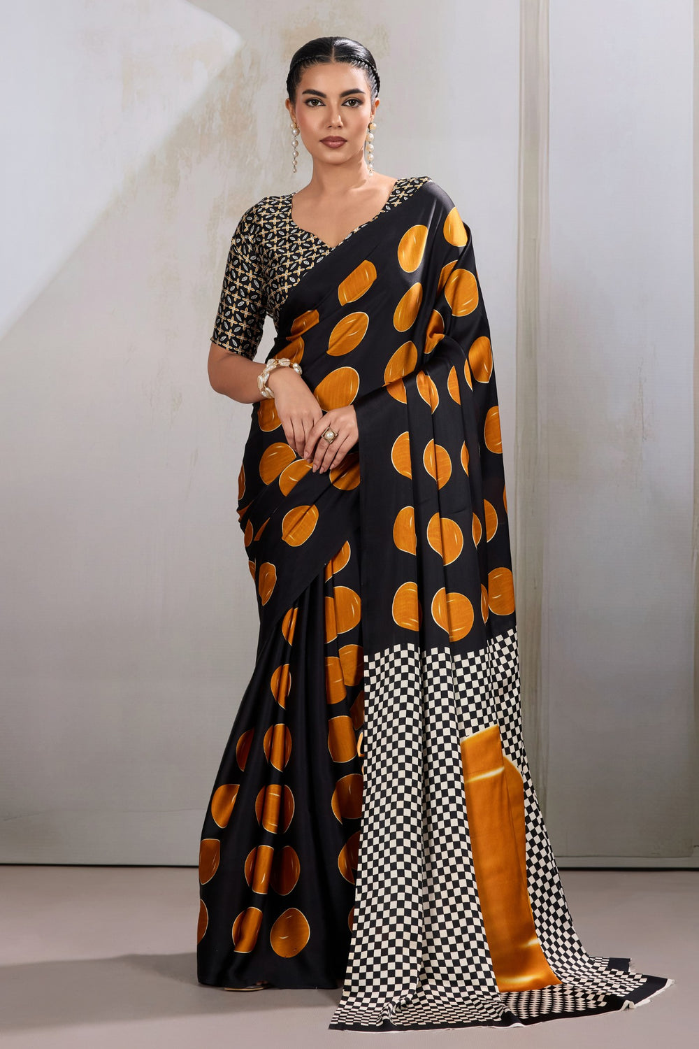 Orange Printed Polka Dots Satin Crepe Saree ##color## Floral Printed Saree with premium fabric and embroidery