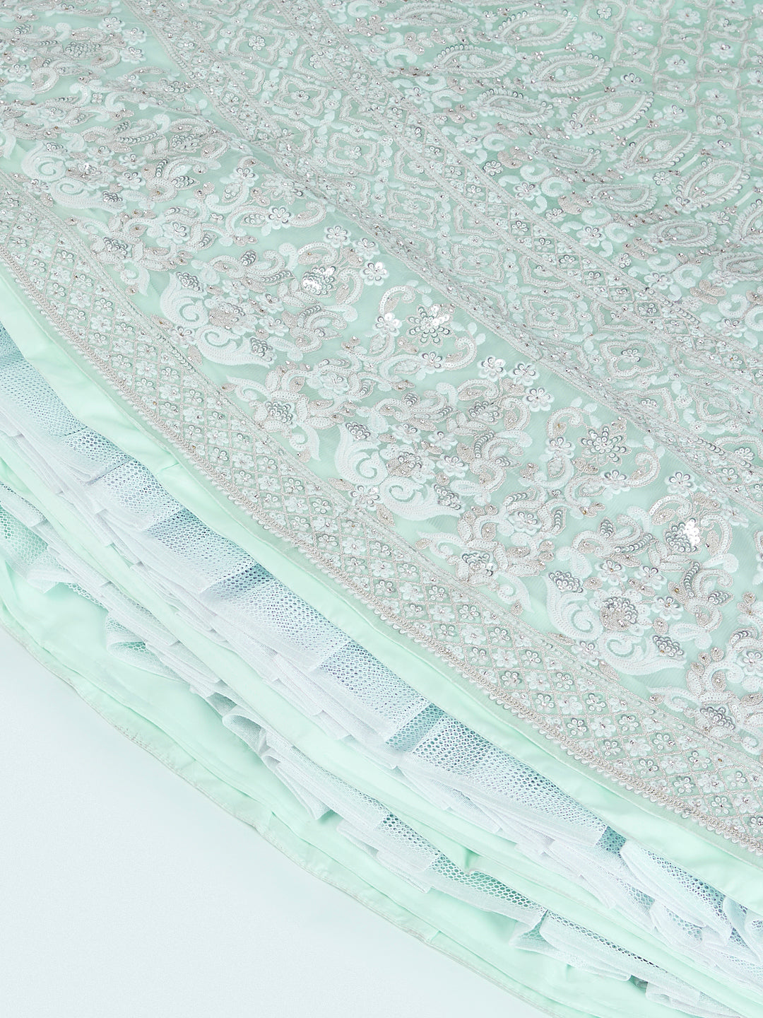 Turquoise blue Net Sequins and Thread Embroidery Lehenga Choli &amp; Dupatta