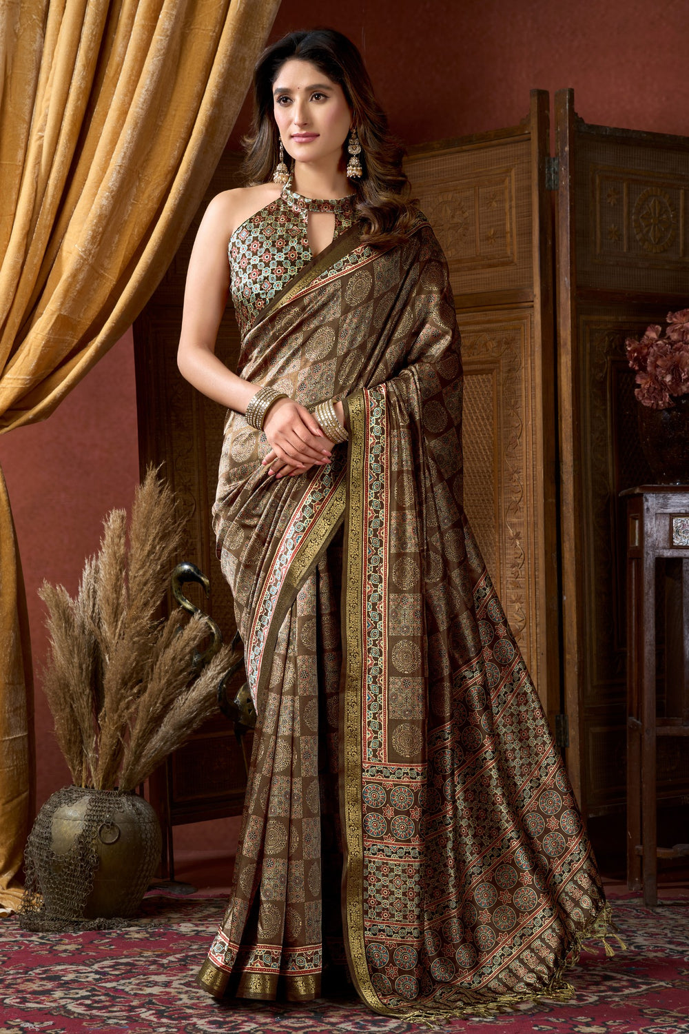 Forest Green Pure Cluster Silk Ajarkh Digital Printed Saree 