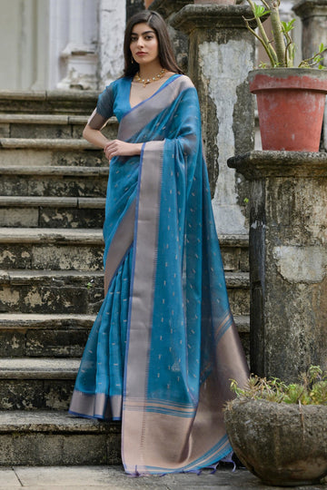 Cyan Blue Pure Soft Kalyani Silk Saree