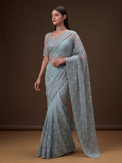 Sky Pure Premium Net Handwork Kasti &amp; Motif Zari Metallic Sequins Work Wedding Saree