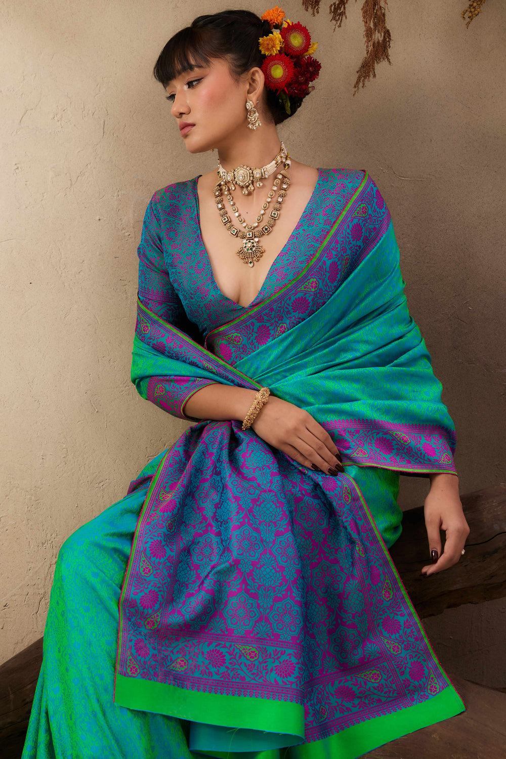 Turquoise Pure Silk Kanjivaram Handloom Banarasi Saree 