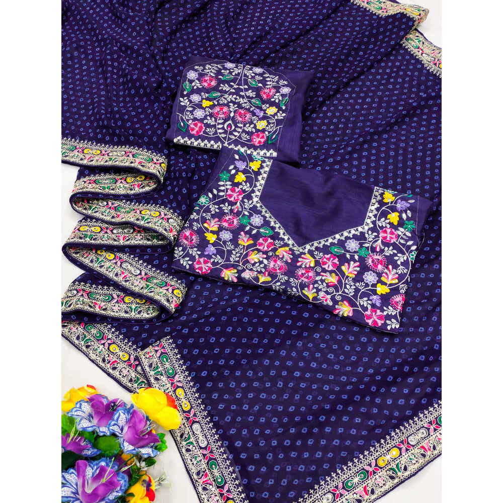 Blue Bandhani Printed Georgette Saree With Embroidered Border 