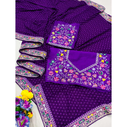 Purple Bandhani Printed Georgette Saree With Embroidered Border 