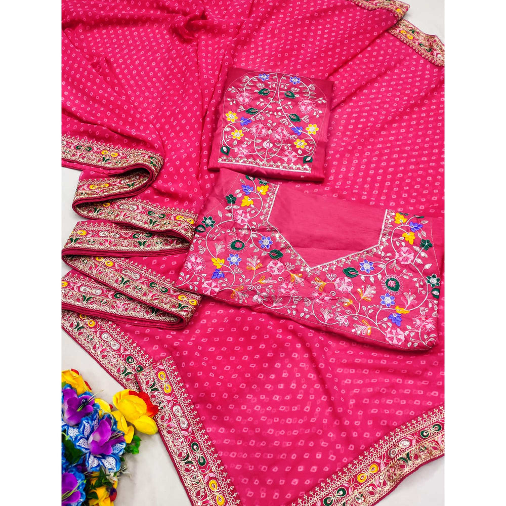 Pink Bandhani Printed Georgette Saree With Embroidered Border 