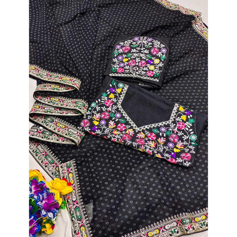 Black Bandhani Printed Georgette Saree With Embroidered Border 