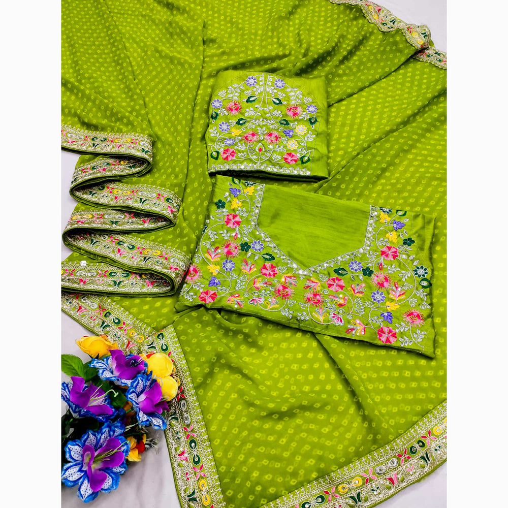 Green Bandhani Printed Georgette Saree With Embroidered Border ##color## Georgette Saree with premium fabric and embroidery