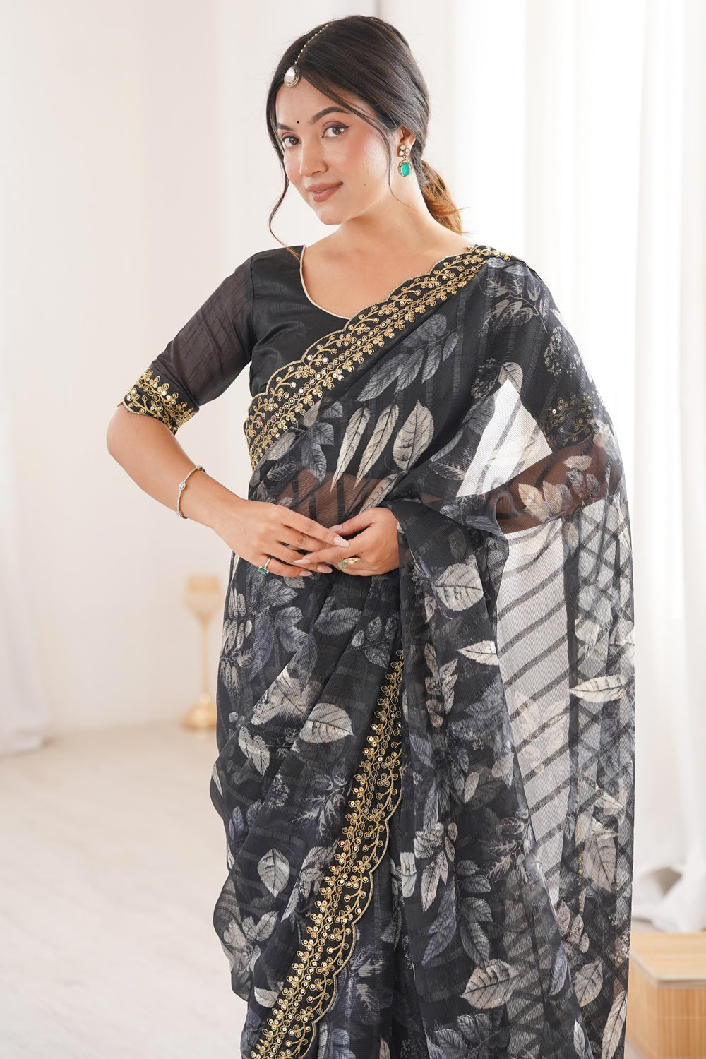 Black Pure Georgette Floral Print Sequins Saree 
