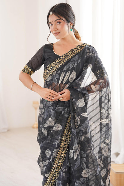 Black Pure Georgette Floral Print Sequins Saree 
