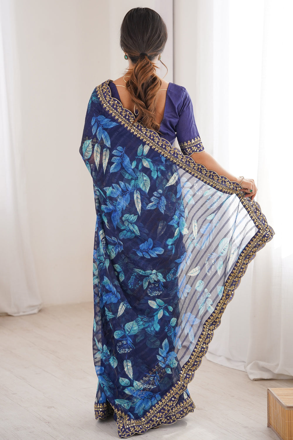 Blue Pure Georgette Floral Print Sequins Saree 