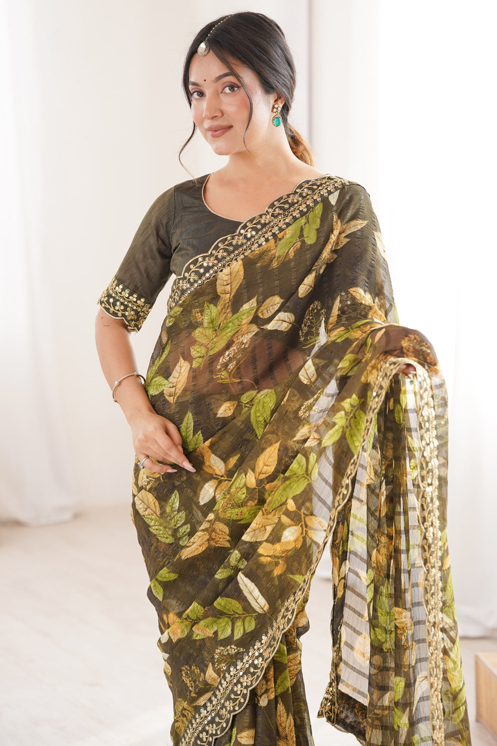 Green Pure Georgette Floral Print Sequins Saree 