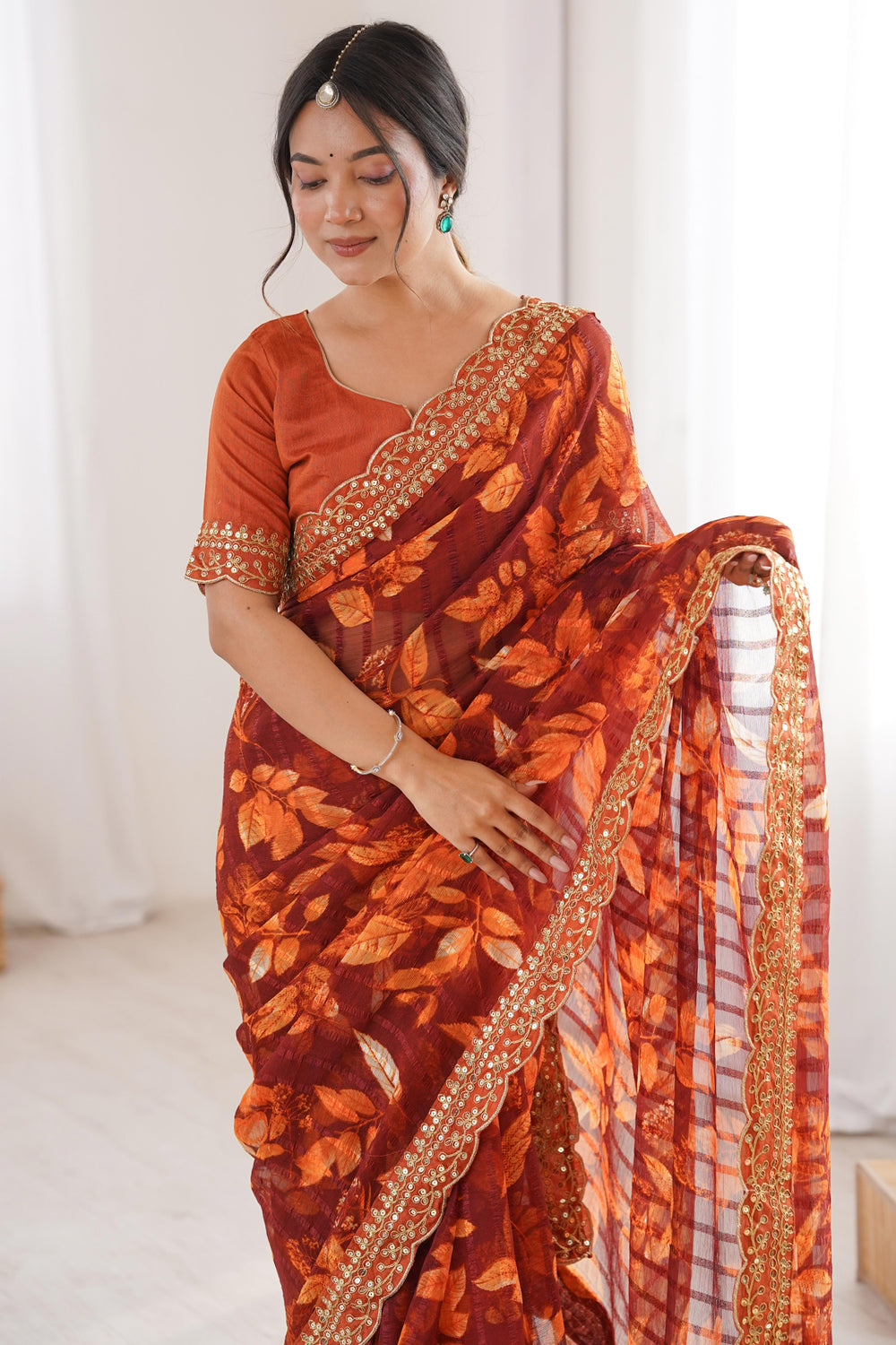 Rust Pure Georgette Floral Print Sequins Saree 