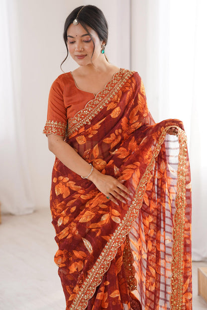 Rust Pure Georgette Floral Print Sequins Saree 