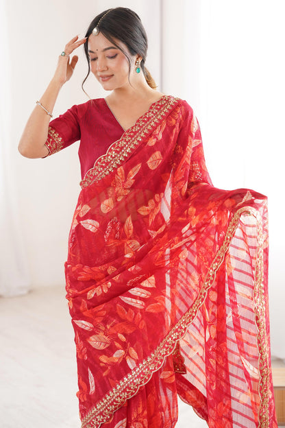 Red Pure Georgette Floral Print Sequins Saree 