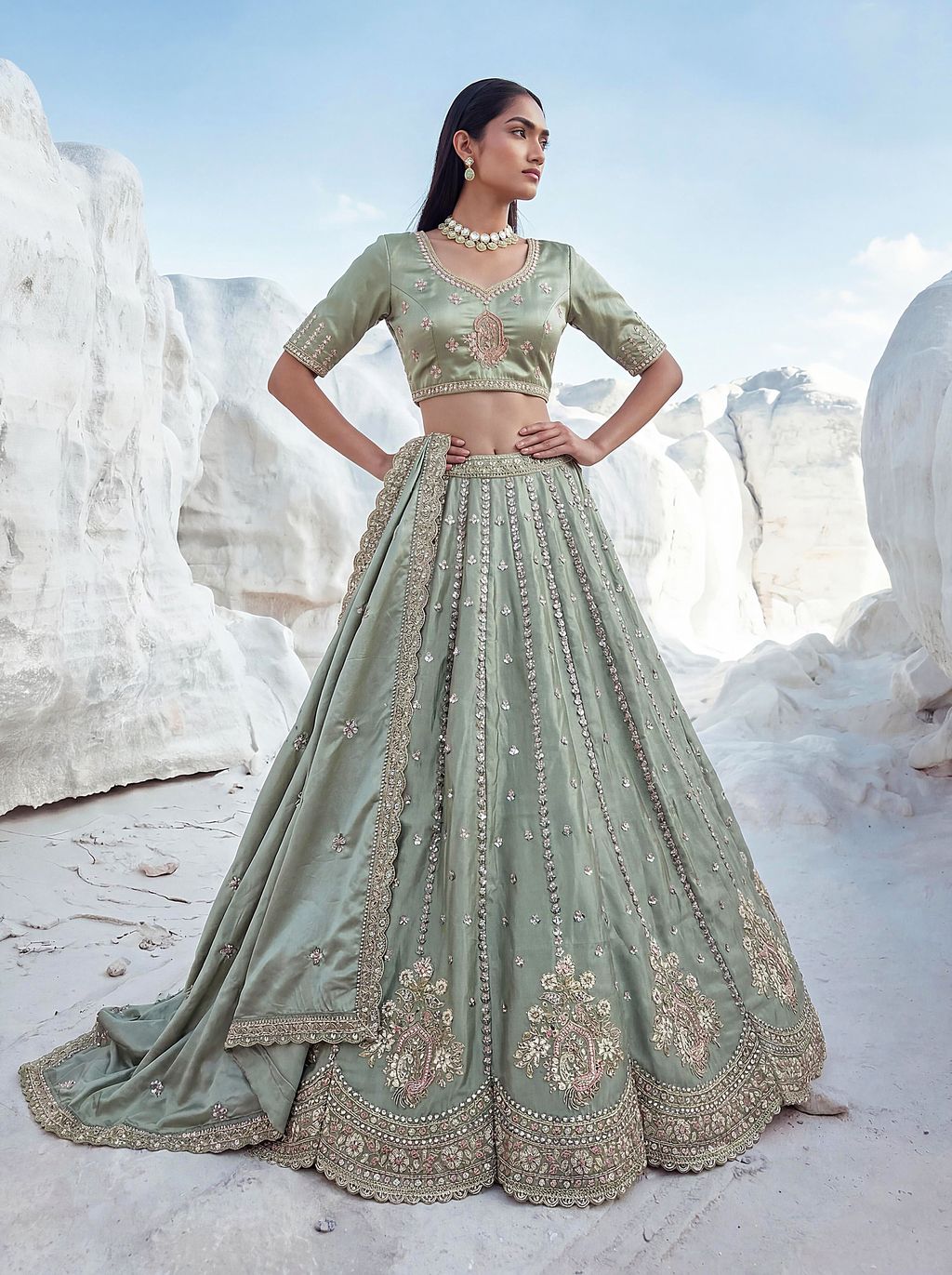 Pista Pure Soft Silk Heavy Sequins Embellishment Work Bridal Lehenga Choli 