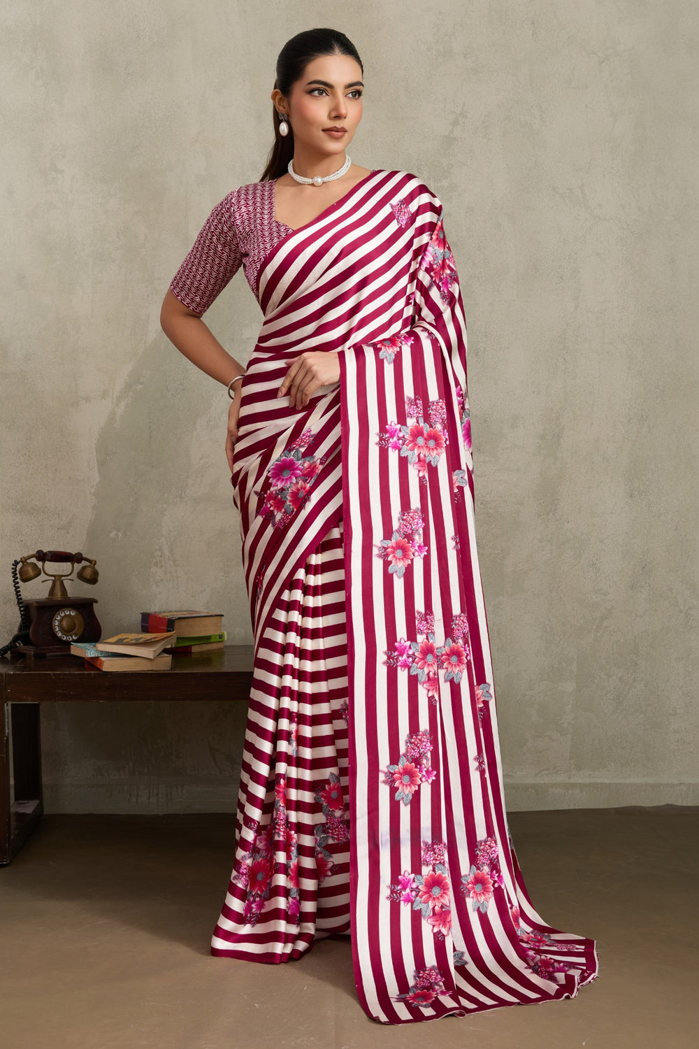 Pink Pure Soft Modal Satin Ajrakh Print Satin Saree Japan Satin Saree Anant Tex Exports Pvt.Ltd..