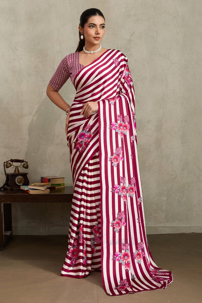 Pink Pure Soft Modal Satin Ajrakh Print Satin Saree Japan Satin Saree Anant Tex Exports Pvt.Ltd..