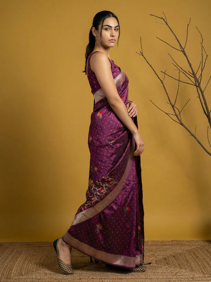 Purple Pure Organza Silk Meenakari Jamdani Zari Woven Organza Saree