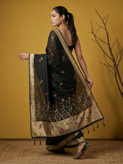 Black Pure Organza Silk Meenakari Jamdani Zari Woven Organza Saree
