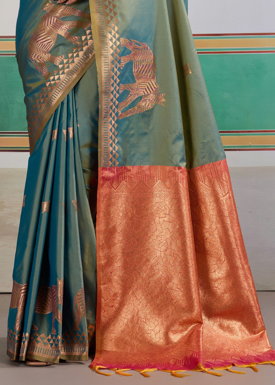 Teal Blue Pure Soft Silk Handloom Saree Panetar Saree Anant Tex Exports Pvt.Ltd..
