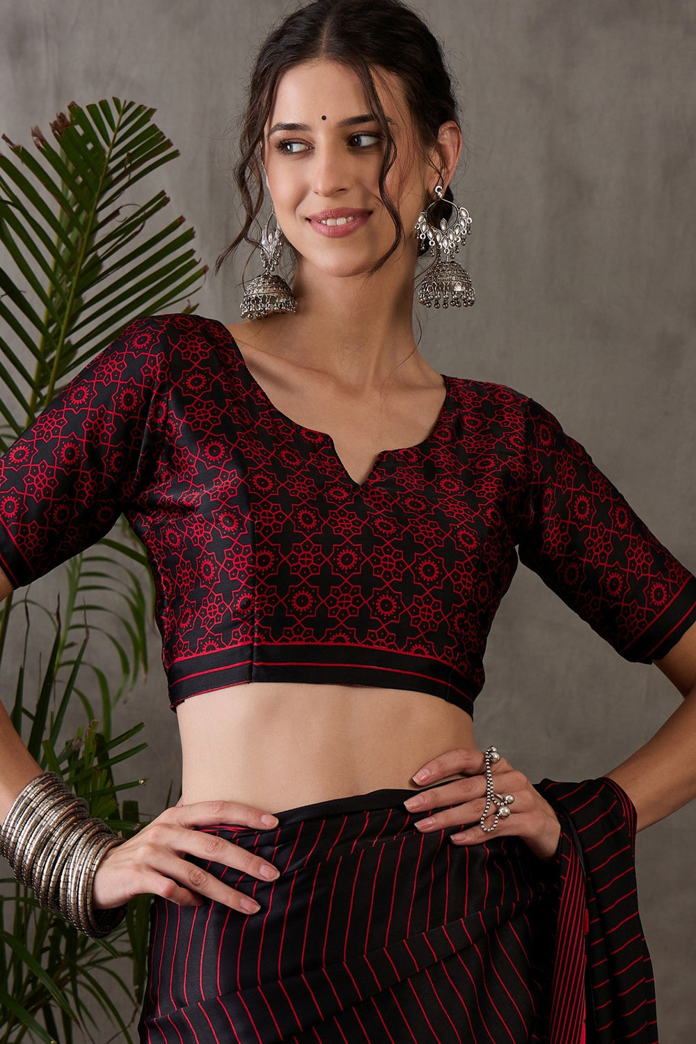 Black and Red Printed Satin Gaji Silk Saree 