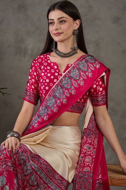 Cream and Red Pure Soft Modal Satin Ajrakh Print Satin Saree Japan Satin Saree Anant Tex Exports Pvt.Ltd..