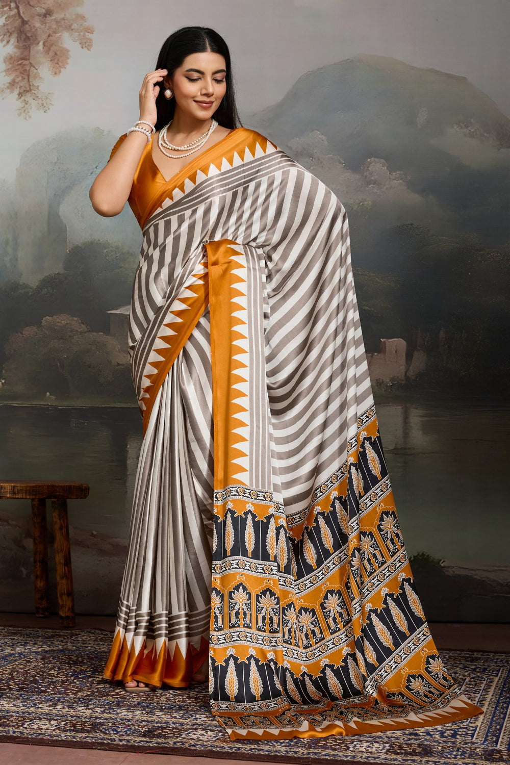 White and Yellow Pure Ajrakh Printed Satin Crepe Silk Saree