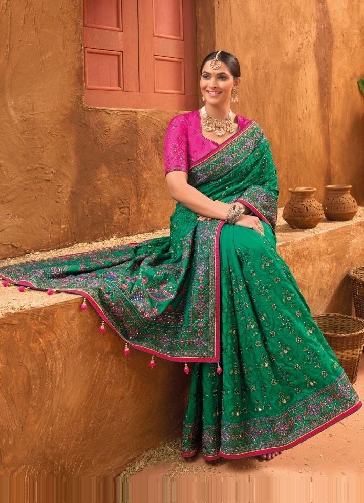 Bridal Wedding Sea Green Kacchi Work Banarasi Silk Saree