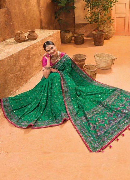 Bridal Wedding Sea Green Kacchi Work Banarasi Silk Saree