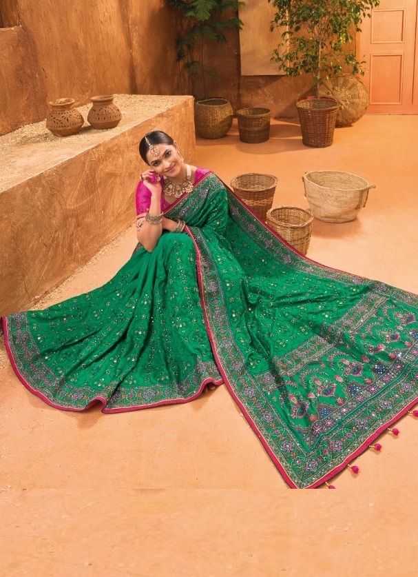 Bridal Wedding Sea Green Kacchi Work Banarasi Silk Saree