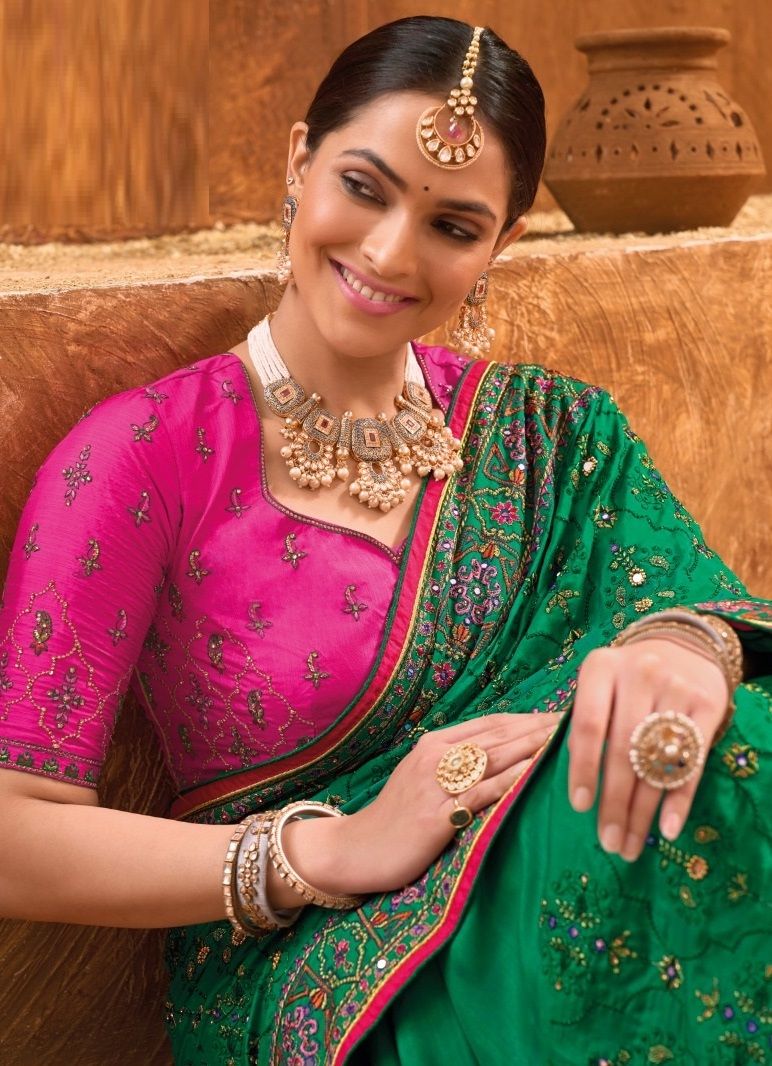 Bridal Wedding Sea Green Kacchi Work Banarasi Silk Saree