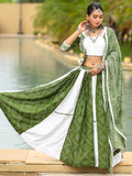 Green and White Flared Rajwadi Navratri Lehenga Choli