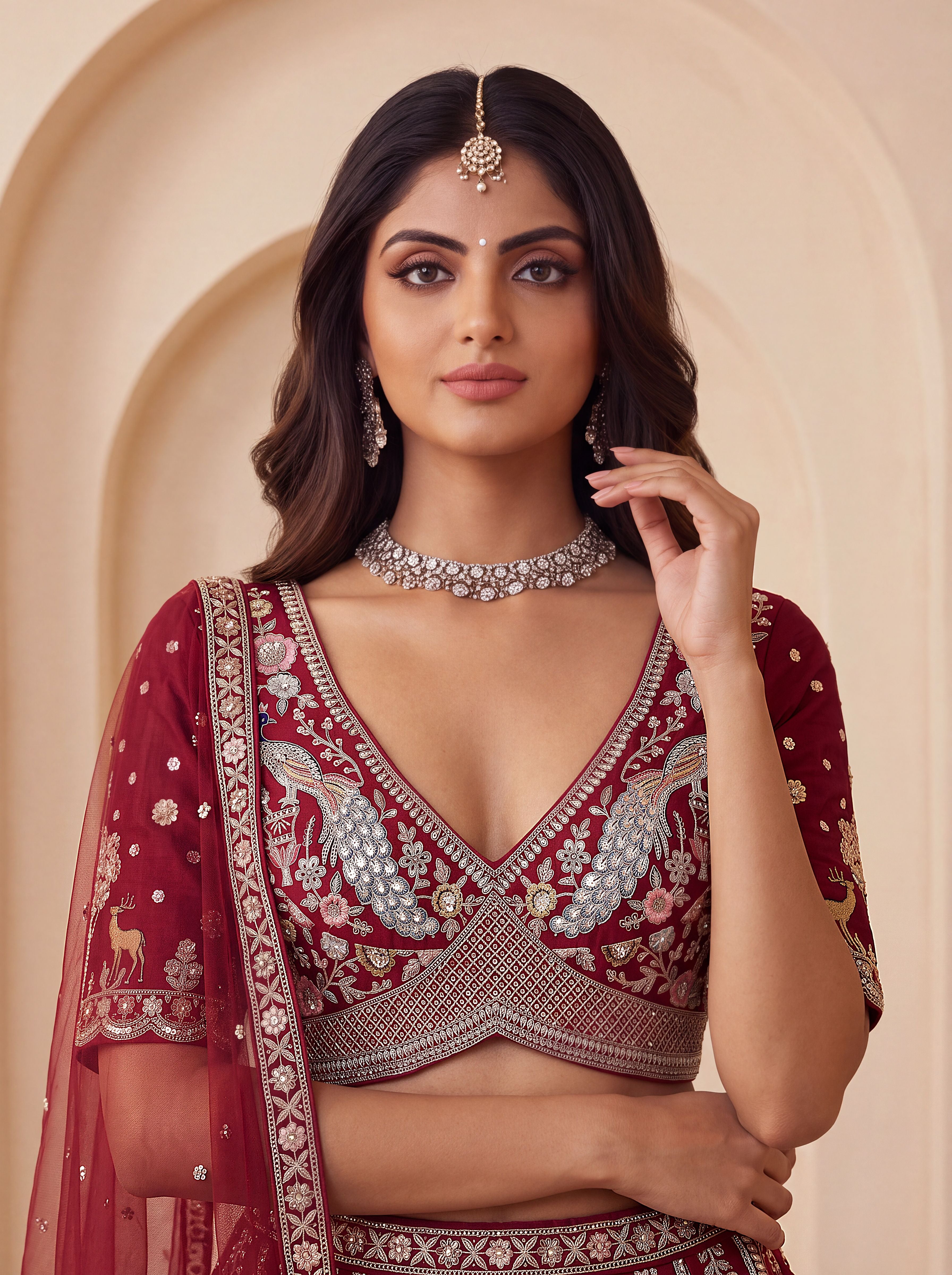 Red Pure Soft Multi Color Motif Multi thread Embroidery Sequins Work Bridal Lehenga Choli