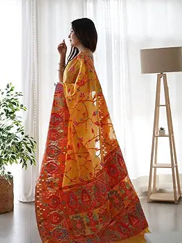 Yellow Pure Soft Pashmina Kachi Work Saree