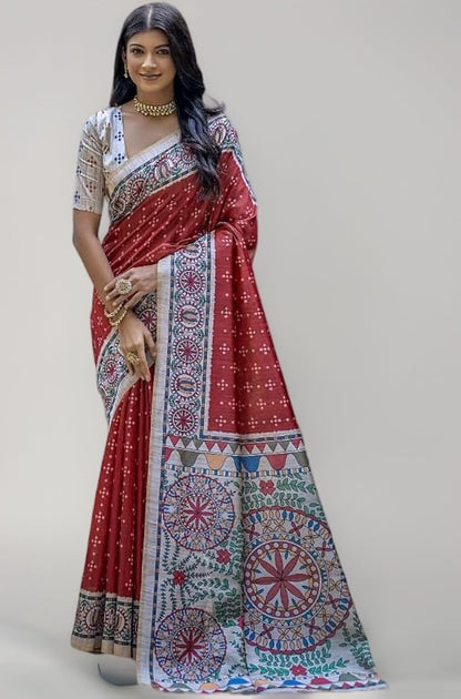 Red Pure Soft Tussar Silk Madhubani Saree Tussar Saree Anant Tex Exports Pvt.Ltd..