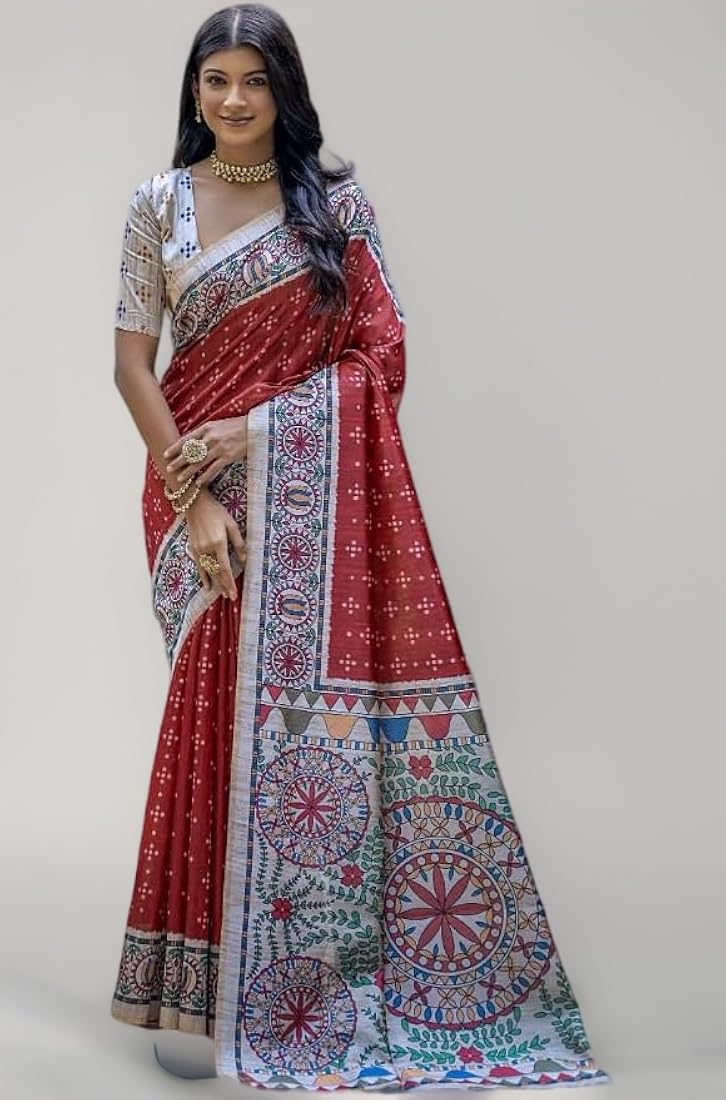 Red Pure Soft Tussar Silk Madhubani Saree
