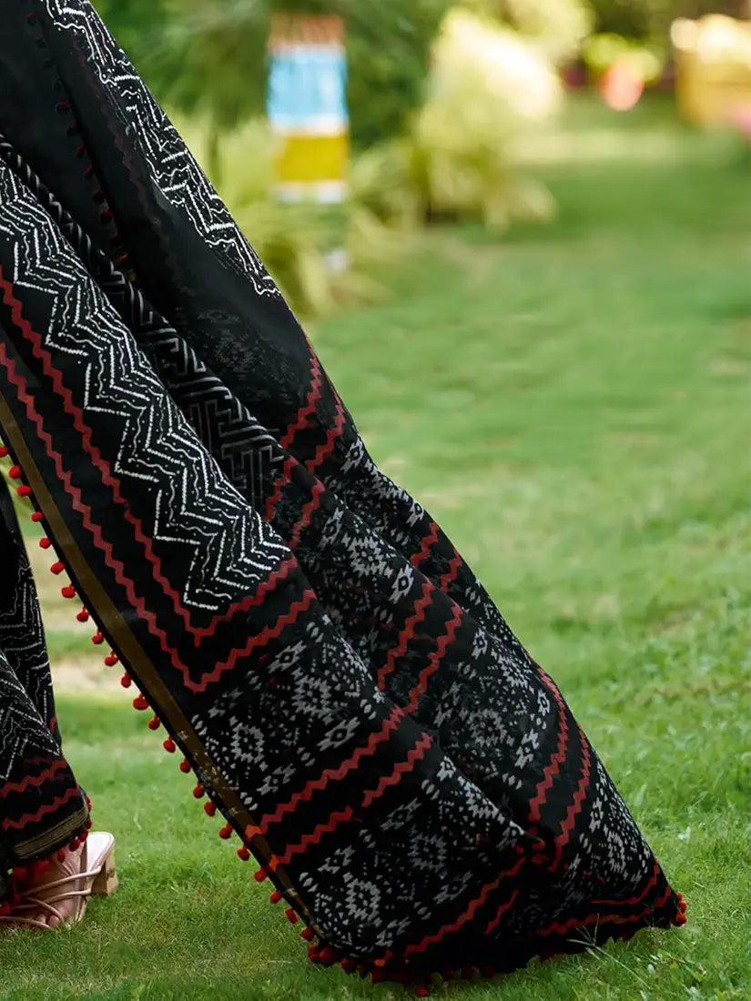 Black Pure Soft Mul Mul Cotton Pum Pum Cotton Saree