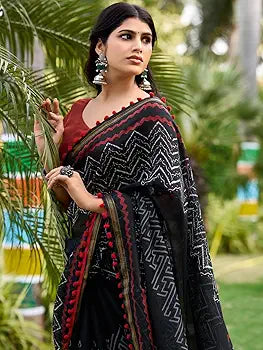 Black Pure Soft Mul Mul Cotton Pum Pum Cotton Saree