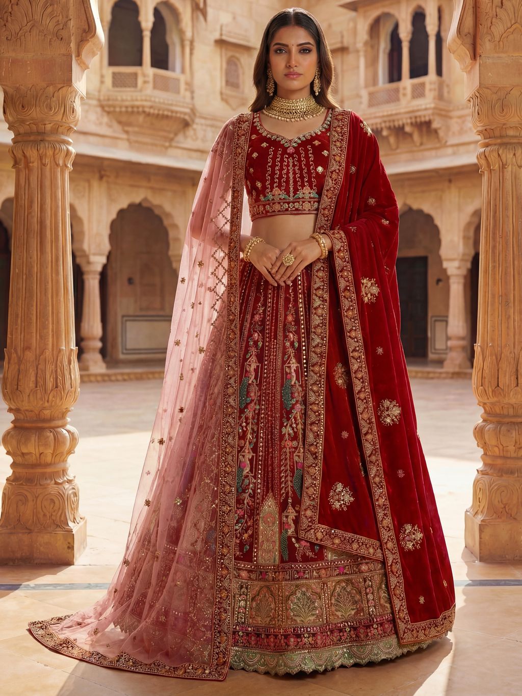 Red Pure Soft Velvet Heavy Embroidery Patch Work Bridal Lehenga