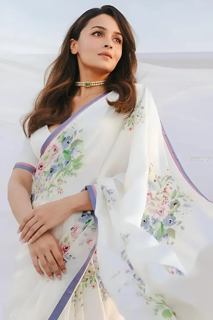 White Printed Japan Satin Floral Print Satin Saree 
