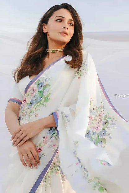 White Printed Japan Satin Floral Print Satin Saree 