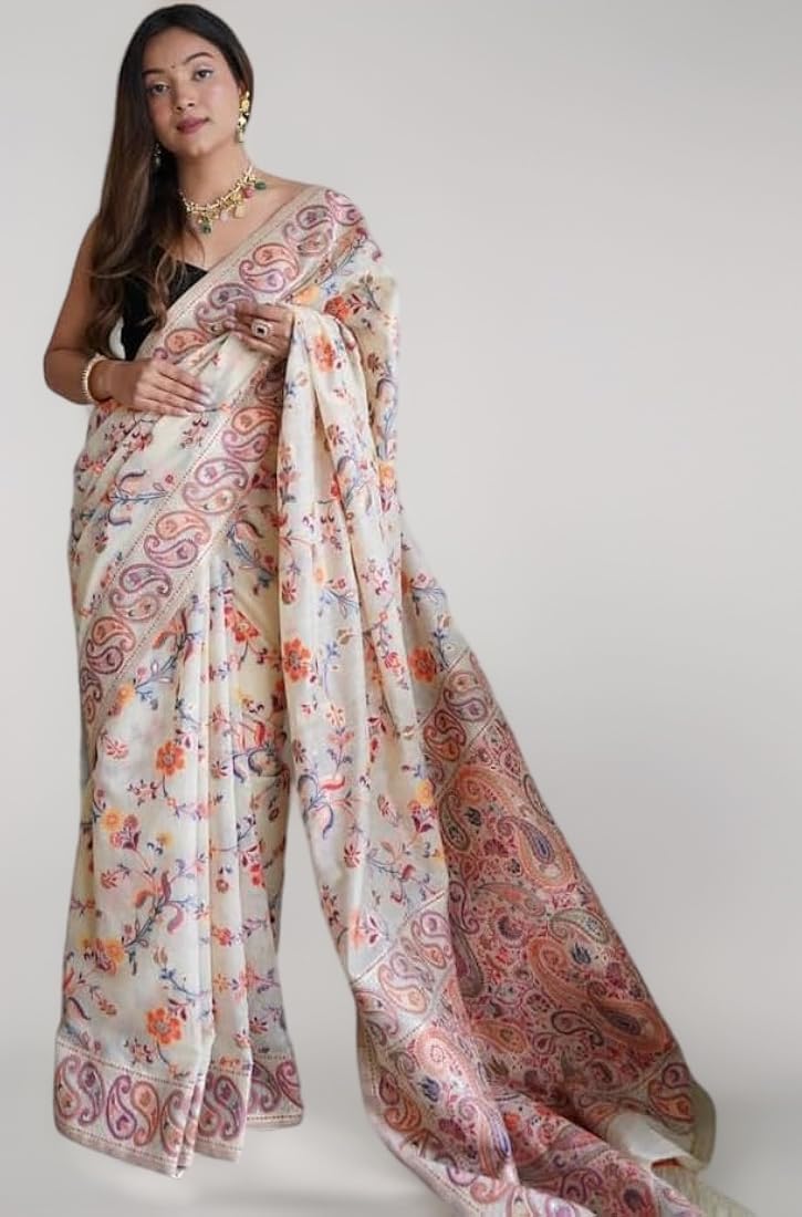 Cream Pure Soft Pashmina Kachi Work Saree