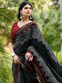 Black Pure Soft Mul Mul Cotton Pum Pum Cotton Saree