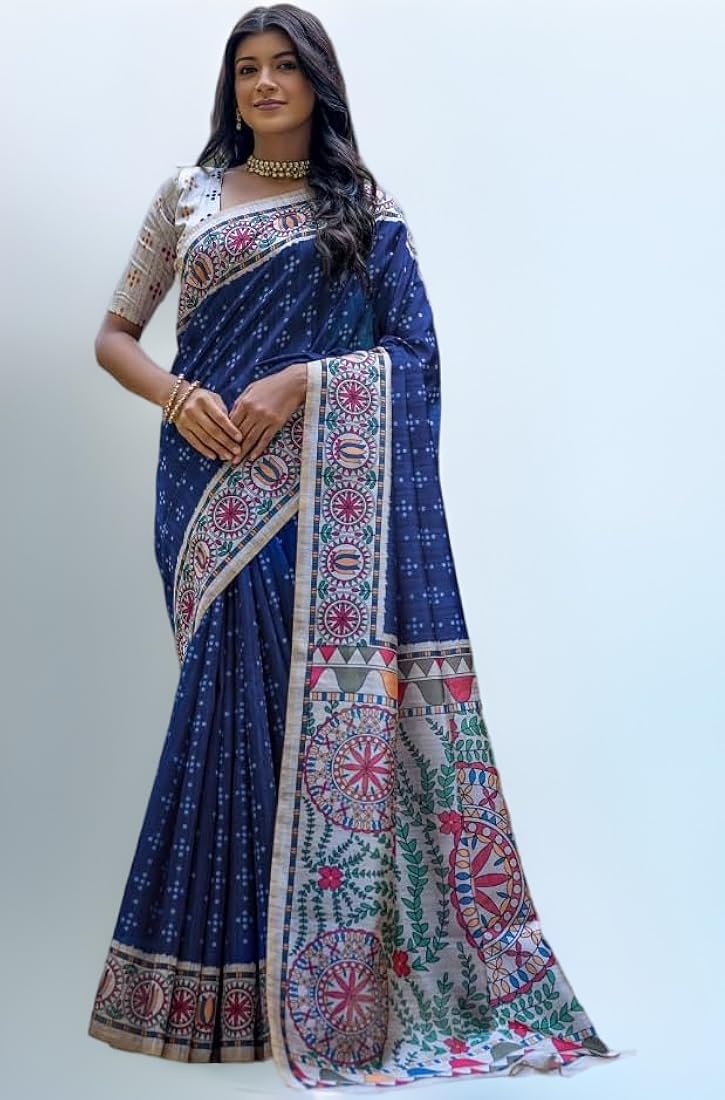 Blue Pure Soft Tussar Silk Madhubani Saree