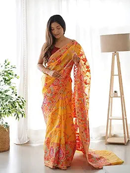 Yellow Pure Soft Pashmina Kachi Work Saree Pashmina Saree Anant Tex Exports Pvt.Ltd..