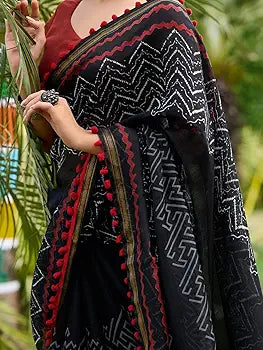 Black Pure Soft Mul Mul Cotton Pum Pum Cotton Saree