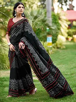 Black Pure Soft Mul Mul Cotton Pum Pum Cotton Saree
