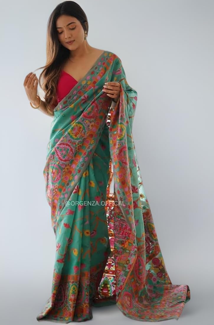 Green Pure Soft Pashmina Kachi Work Saree
