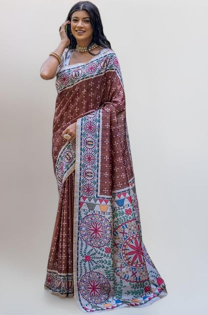 Coffee Pure Soft Tussar Silk Madhubani Saree Tussar Saree Anant Tex Exports Pvt.Ltd..