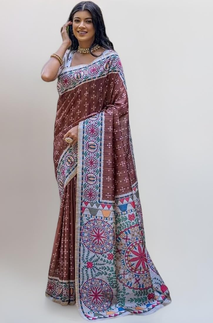 Coffee Pure Soft Tussar Silk Madhubani Saree